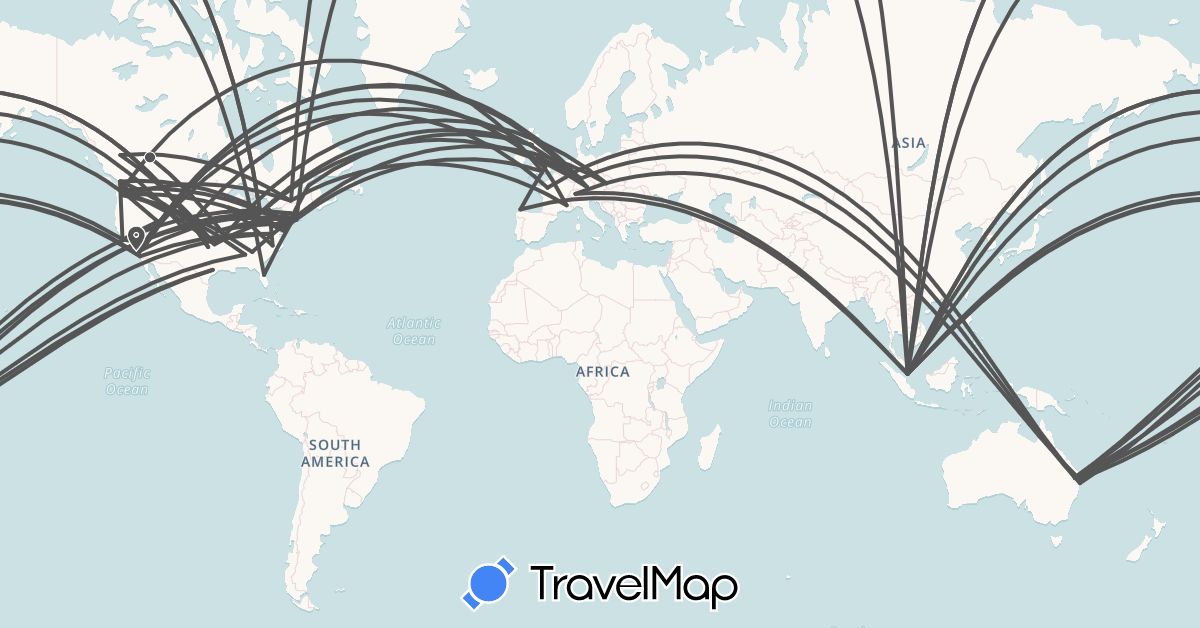 TravelMap itinerary: driving, motorbike in Australia, Canada, Switzerland, Czech Republic, Germany, Spain, France, United Kingdom, Singapore, United States (Asia, Europe, North America, Oceania)